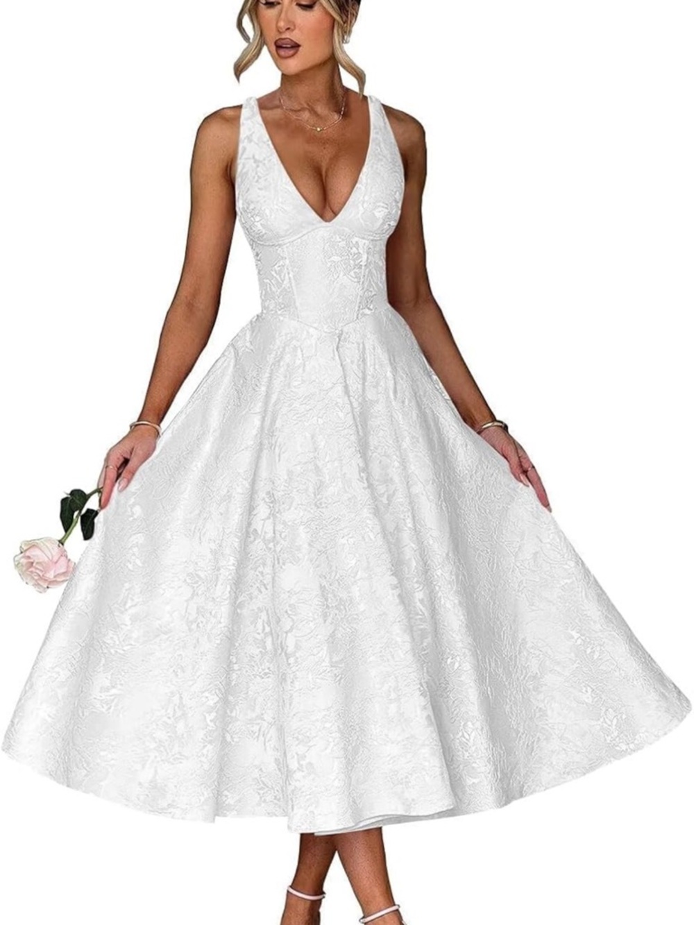 Amazon White V-Neck Sleeveless Midi Dress